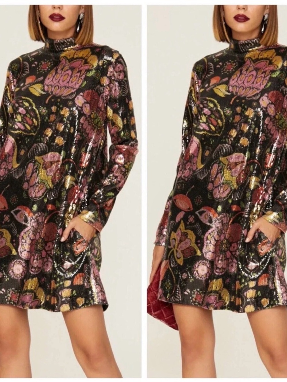 La DoubleJ - Sequin Floral Long-Sleeve Shift Dress - Multi-Colored w/ Pockets